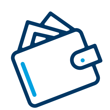 Blue doodle of a wallet with things sprawling out