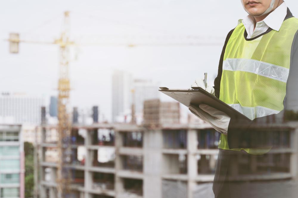 A reflection of an employee with a safety vest on and a clipboard. A building is being built in the background