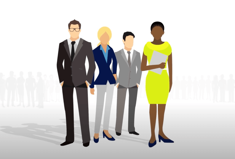 Cartoon outlines of a diverse group of business people. In the background is shadow outlines of other business people